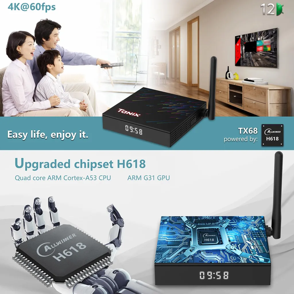 Werbung für die Tanix TX68 TV-Box mit H618-Chipsatz und Familie auf dem Sofa.