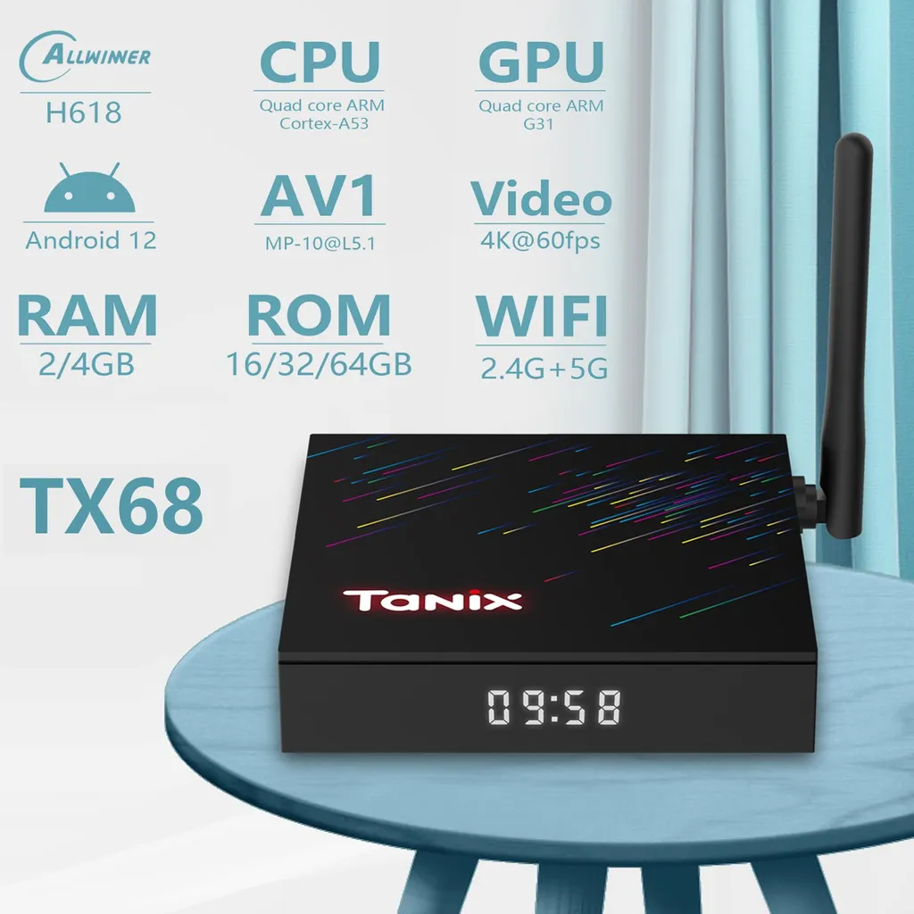 Tanix TX68 Android TV-Box auf einem blauen Tisch mit technischen Daten im Hintergrund.