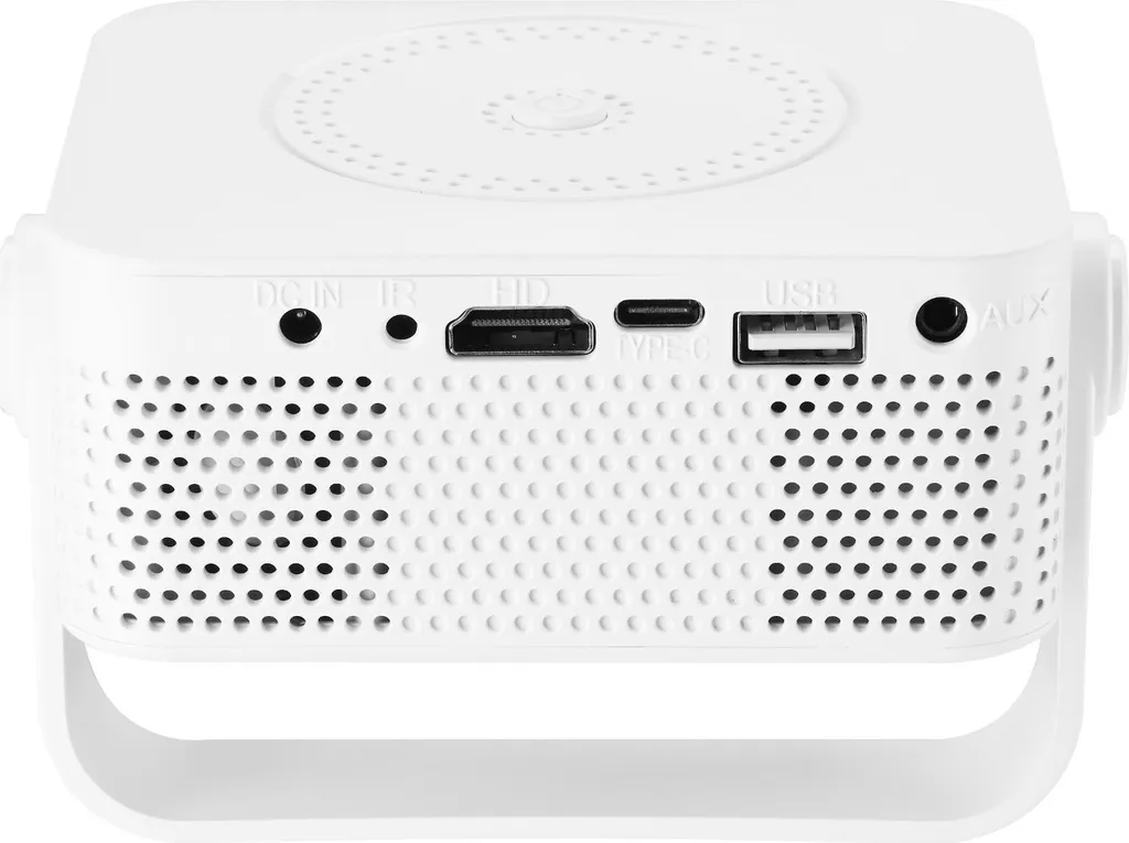 Rückseite eines weißen Projektors mit DC-IN, IR, HDMI, USB-C, USB- und AUX-Anschlüssen.
