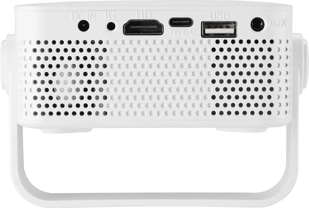 Weißer Projektor mit verschiedenen Anschlüssen wie DC, IR, HD, Type-C, USB und AUX über Lüftungsgittern.