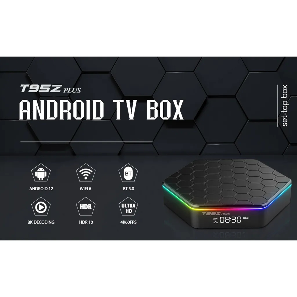 Sechseckige T95Z Plus Android TV-Box mit LED-Licht und Funktionssymbolen vor schwarzem Hintergrund.