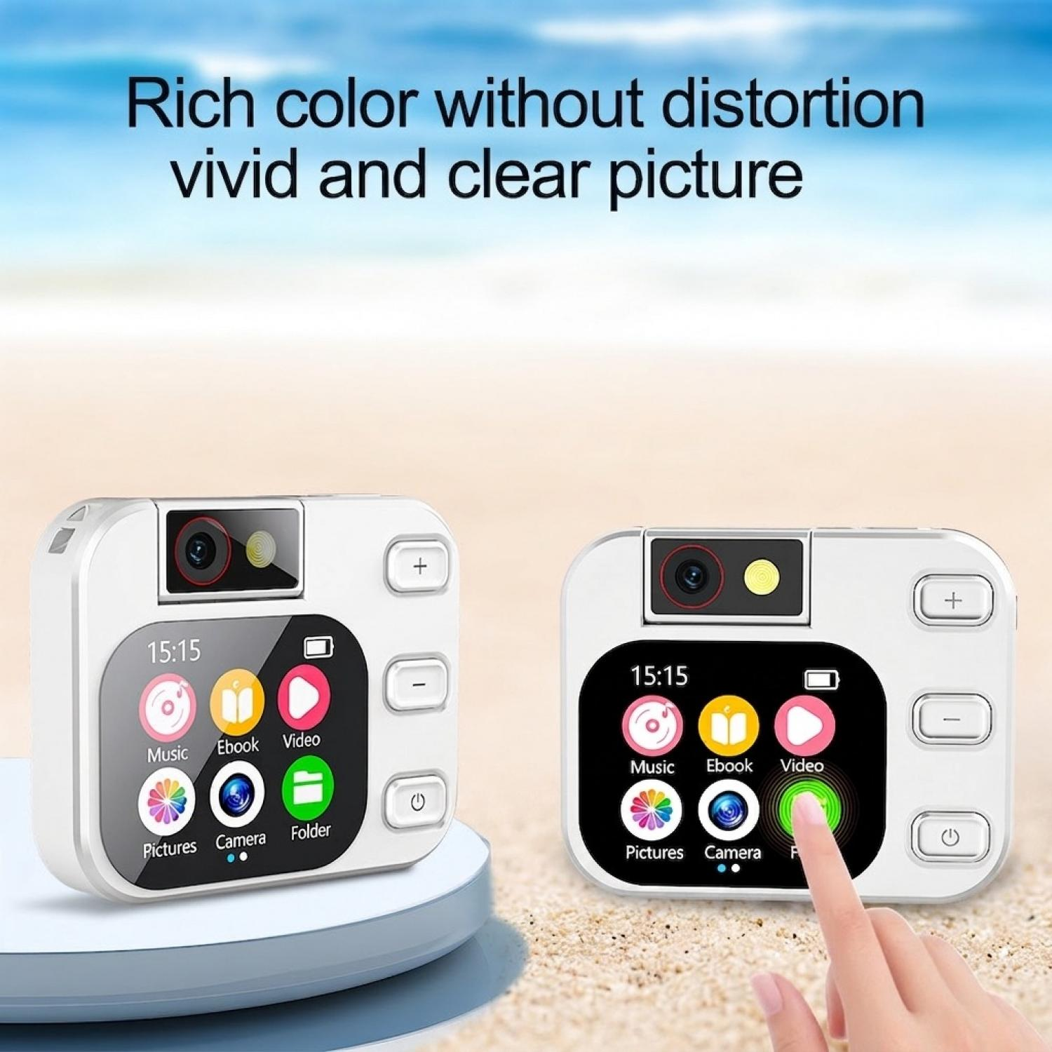 Zwei kleine weiße Kameras auf einem Tisch vor einem Strandhintergrund mit Touchscreen.