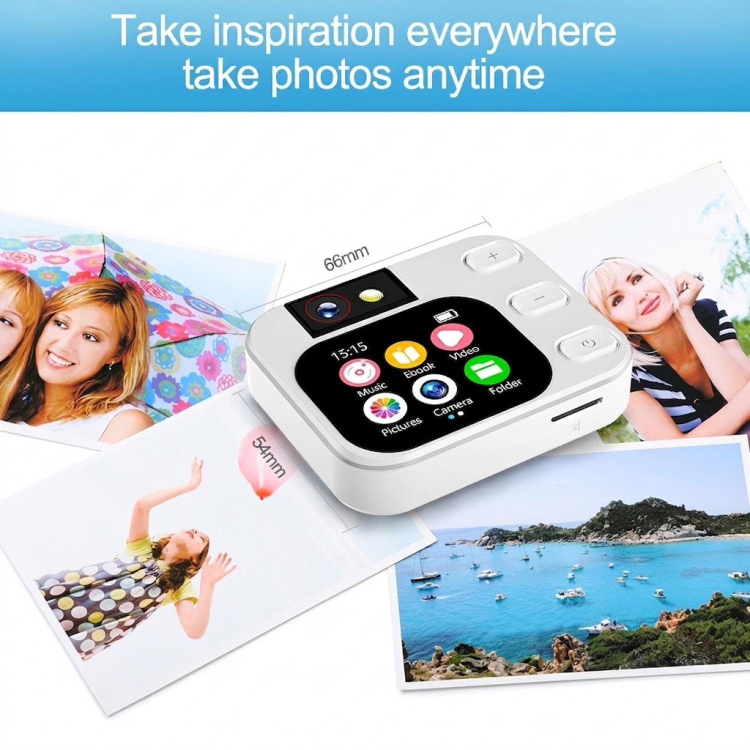 Kompakte weiße Sofortbildkamera mit Display, umgeben von gedruckten Fotos und dem Text 'Take inspiration everywhere'.