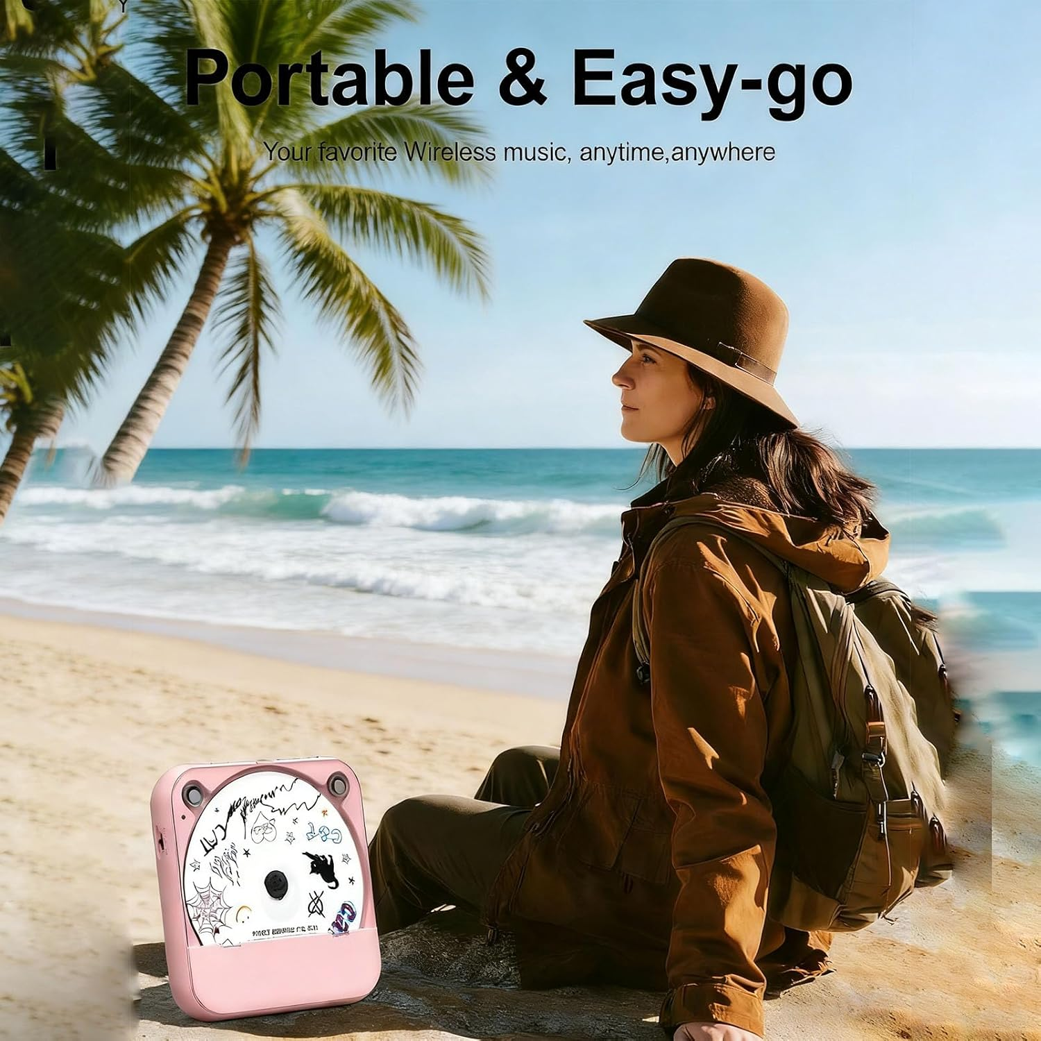 Eine Frau mit Hut und Rucksack sitzt am Strand neben einem pinken CD-Player. Palmen und das Meer im Hintergrund.