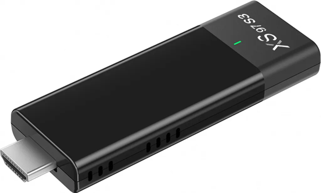 Schwarzer HDMI-Streaming-Stick mit silbernem Anschluss und grüner LED-Anzeige auf weißem Hintergrund.