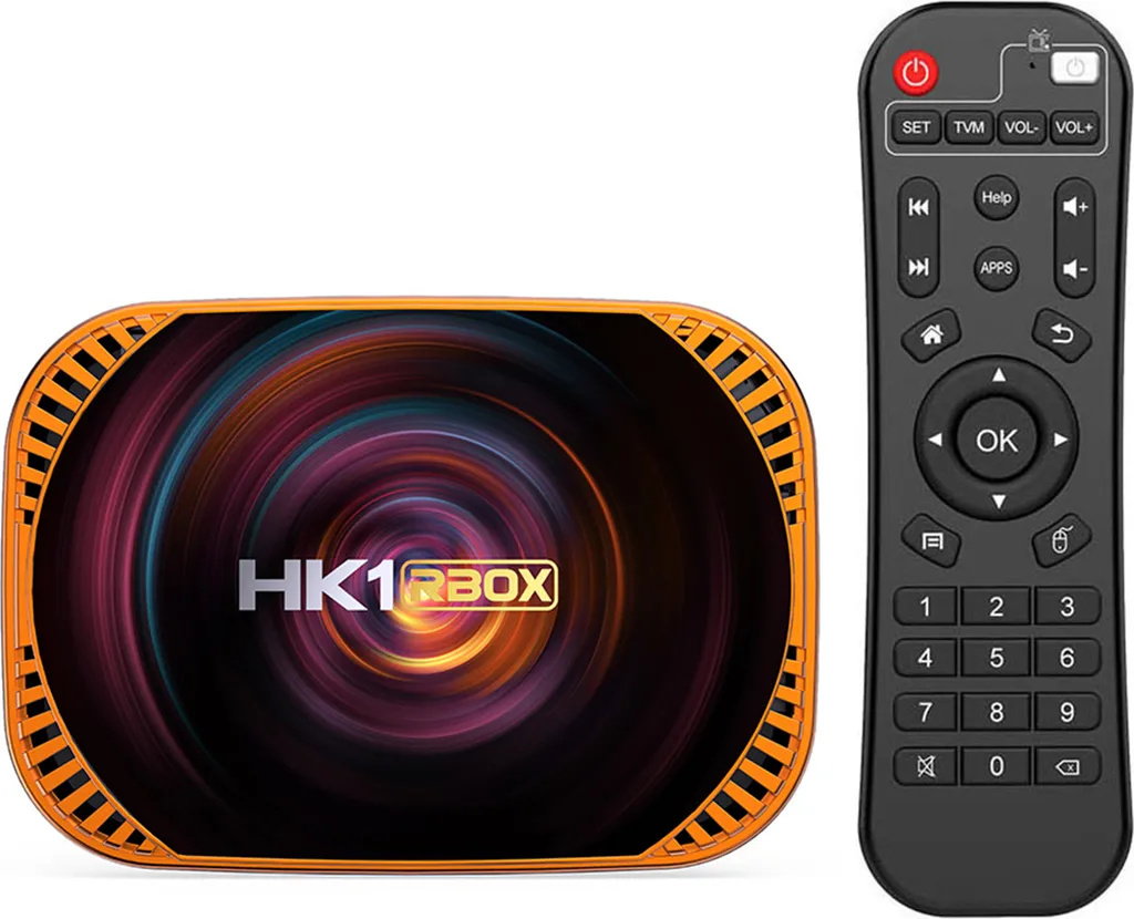 Eine runde, orange-schwarze HK1 RBOX TV-Box mit Fernbedienung auf weißem Hintergrund.