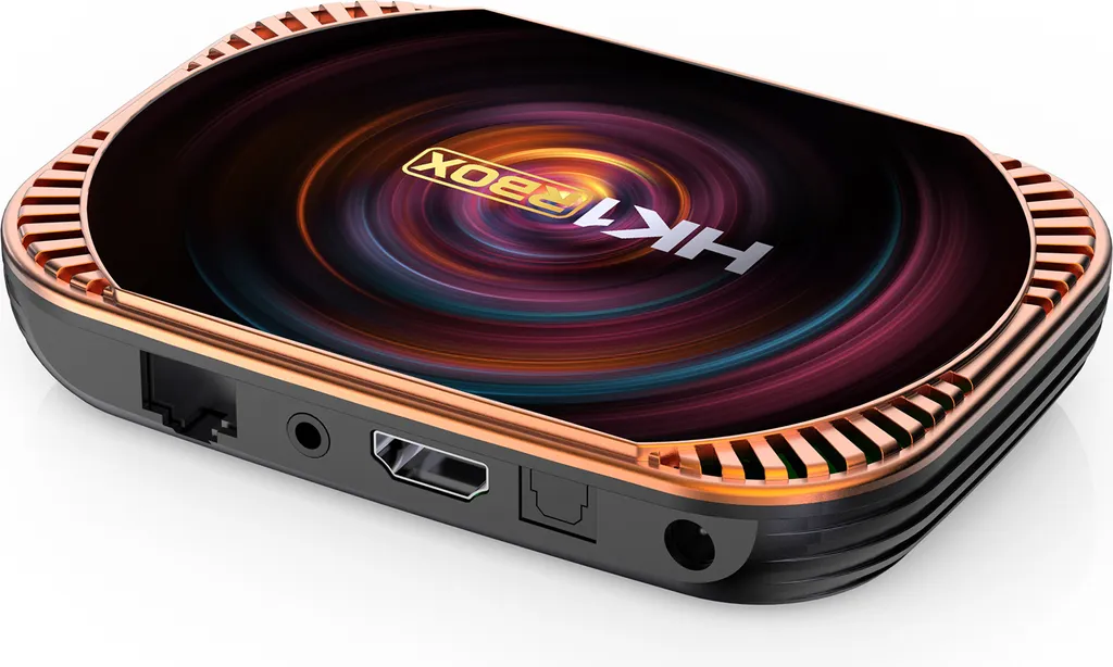 Eine schwarze TV-Box mit kupferfarbener Oberseite, einer Wirbelgrafik und dem Text "HK1 RBOX", sichtbare Anschlüsse.