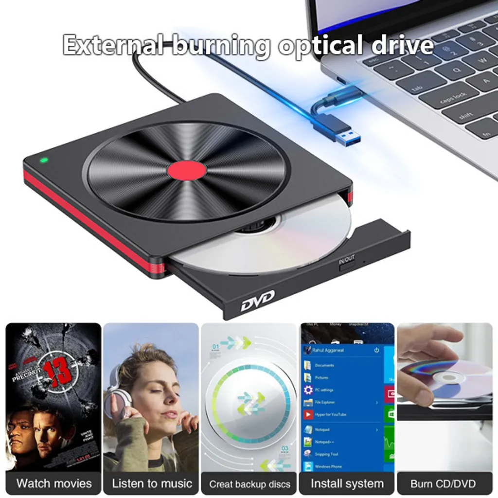 Externes optisches Laufwerk angeschlossen an einen Laptop, mit geöffnetem Fach und eingelegter CD.