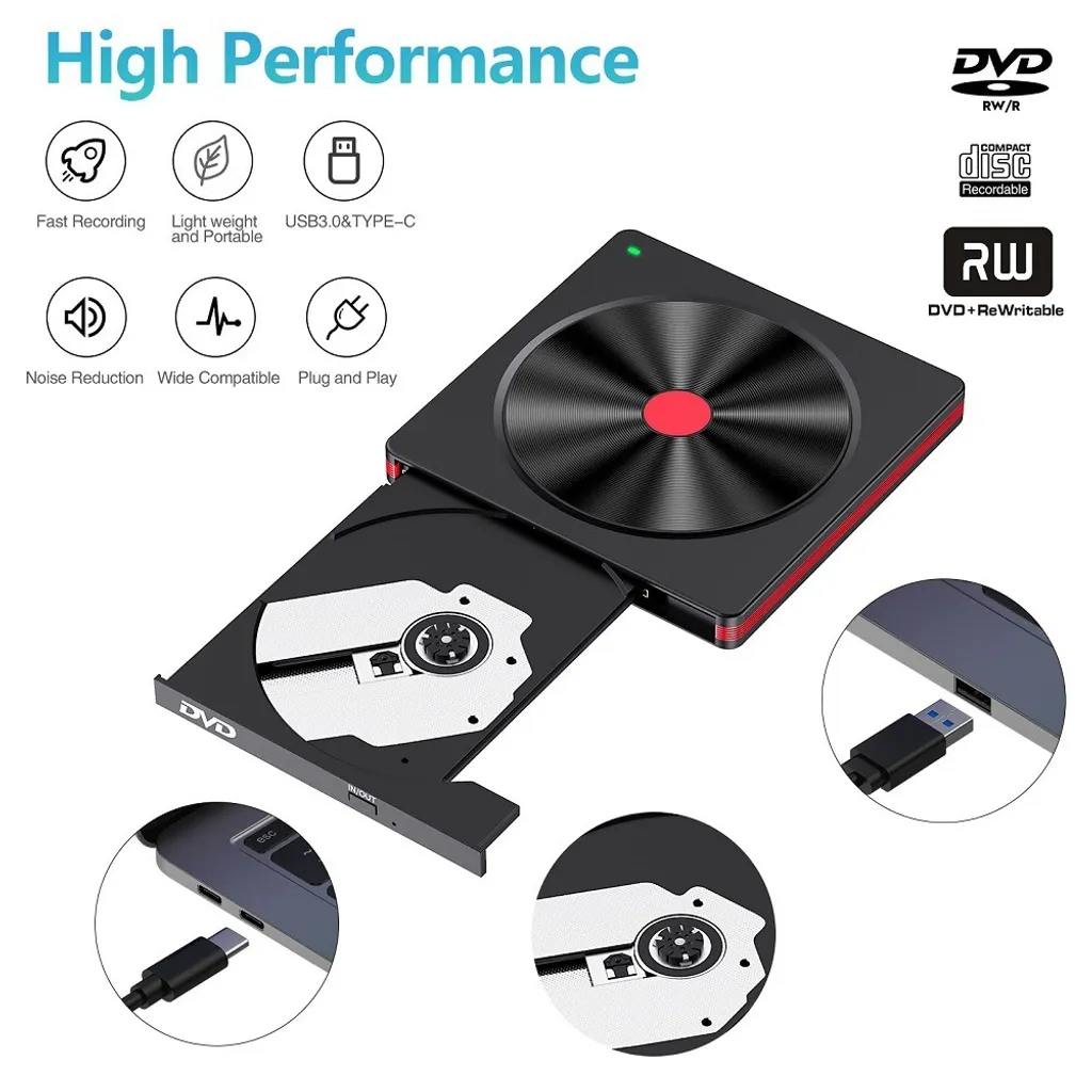 Ein schwarzes externes DVD-Laufwerk mit geöffneter Schublade, Funktionssymbolen und Kabelanschlüssen.