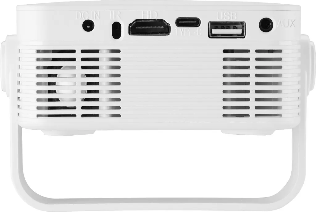 Die Rückseite eines weißen Projektors mit DC-In-, IR-, HDMI-, USB-C-, USB- und AUX-Anschlüssen.