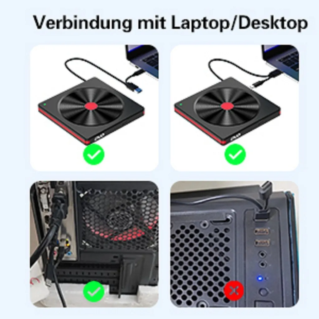 Diagramm zeigt korrekte und falsche USB-Verbindungen für ein externes DVD-Laufwerk.