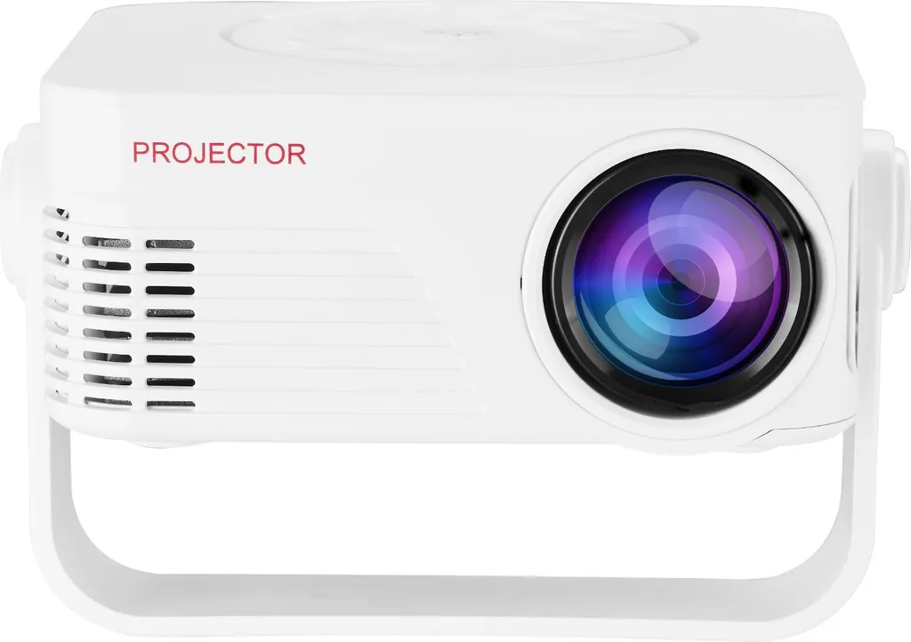 Ein weißer Mini-Projektor mit großer blauer Linse, Lüftungsschlitzen und einem roten Schriftzug PROJECTOR auf der Vorderseite.