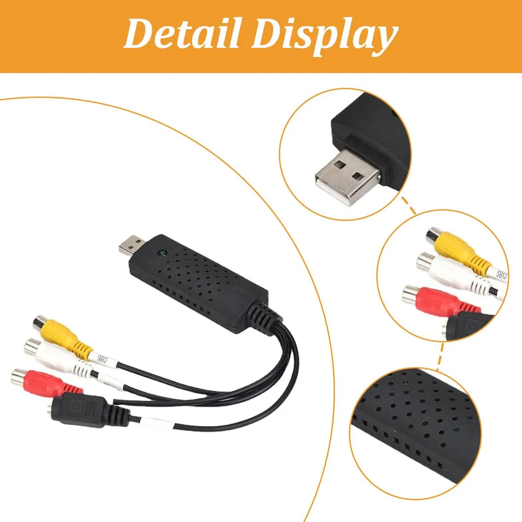 Ein USB-zu-AV-Videokonverterkabel mit gelben, weißen und roten Anschlüssen und Zoom-Ausschnitten.