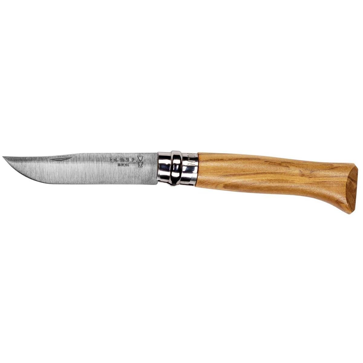 Ein Opinel Taschenmesser mit Holzagriff und offener Edelstahlklinge auf weißem Hintergrund.