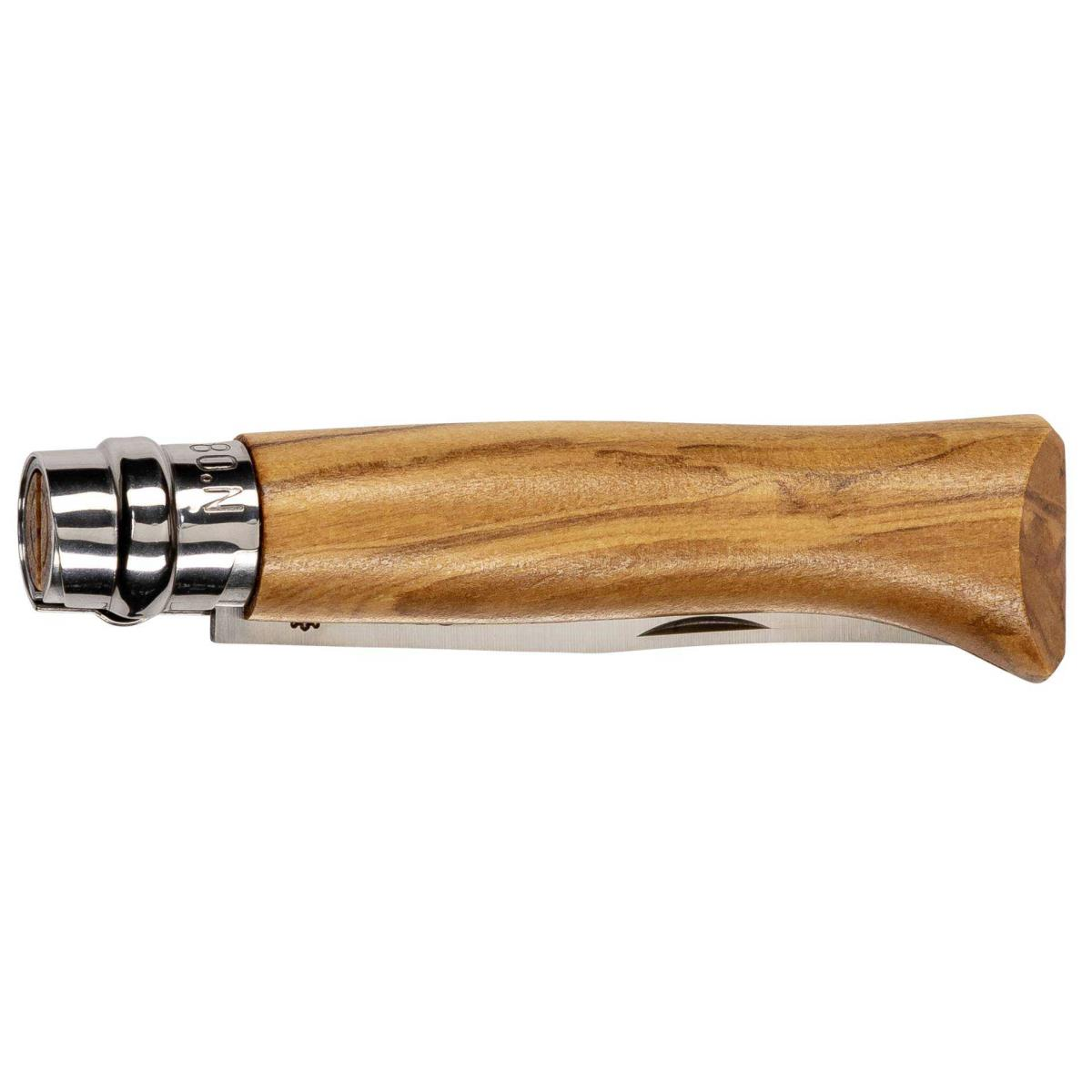 Ein geschlossenes Taschenmesser mit Holzgriff und silbernem Metallring vor weißem Hintergrund.