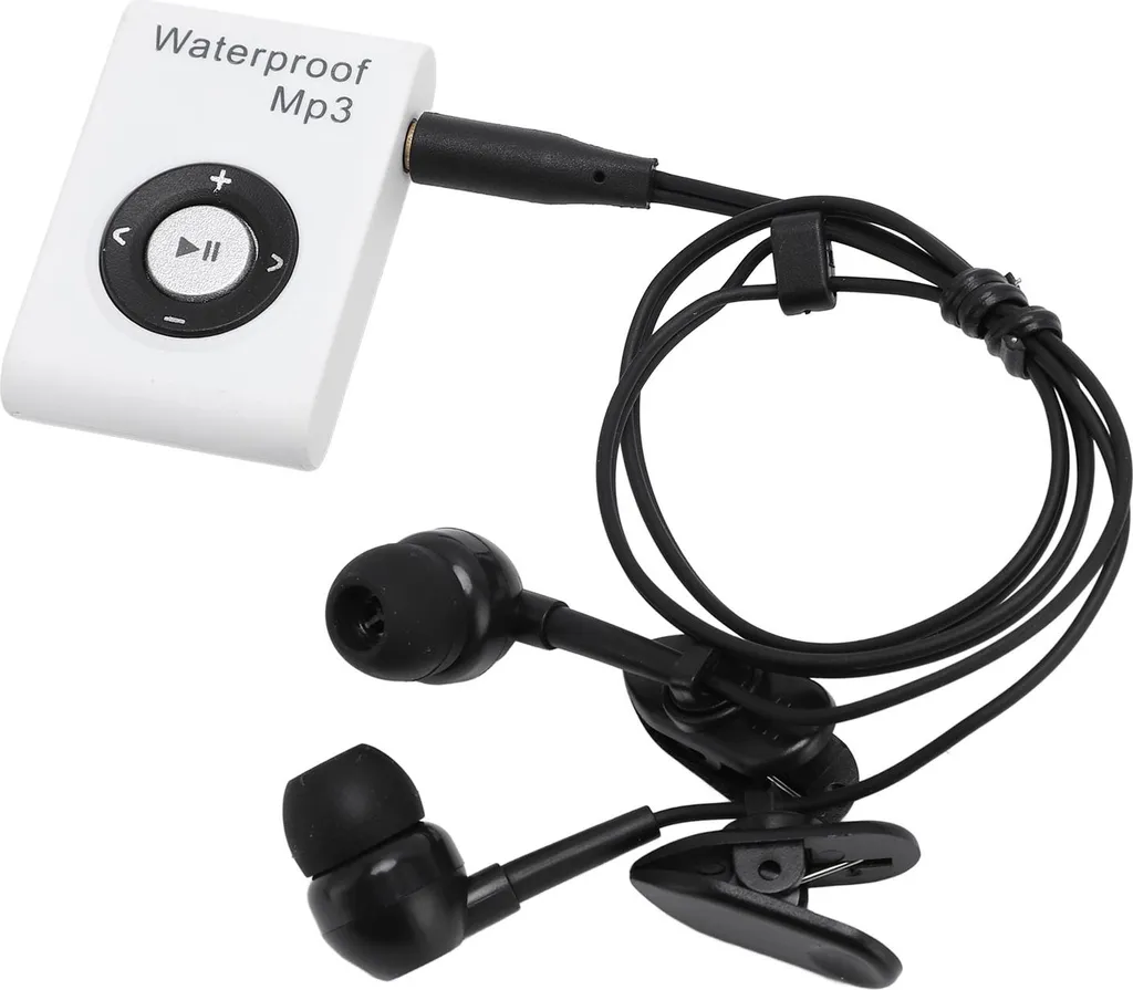 Ein weißer wasserdichter MP3-Player mit schwarzen Kopfhörern und Clips auf weißem Hintergrund.