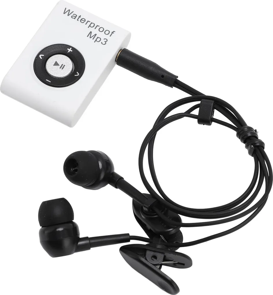 Ein weißer, wasserdichter MP3-Player mit schwarzen In-Ear-Kopfhörern auf weißem Hintergrund.