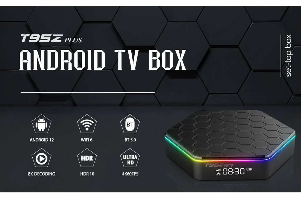 T95Z Plus Android TV-Box mit sechseckigem Design, Neonlichtern und Symbolen vor dunklem Hintergrund.