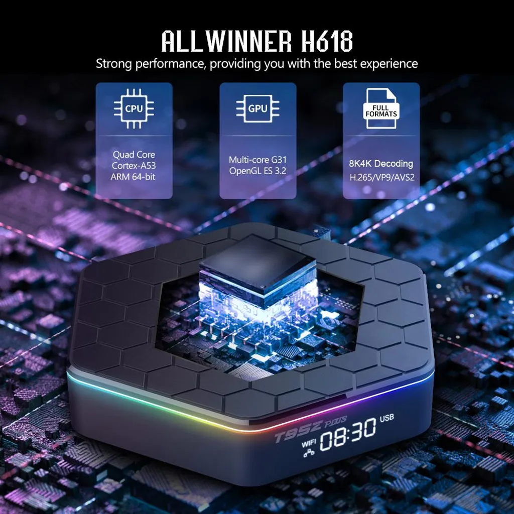 Sechseckige schwarze TV-Box mit blauer LED-Beleuchtung und CPU-Spezifikationen auf einem Hintergrund aus Leiterplatten.