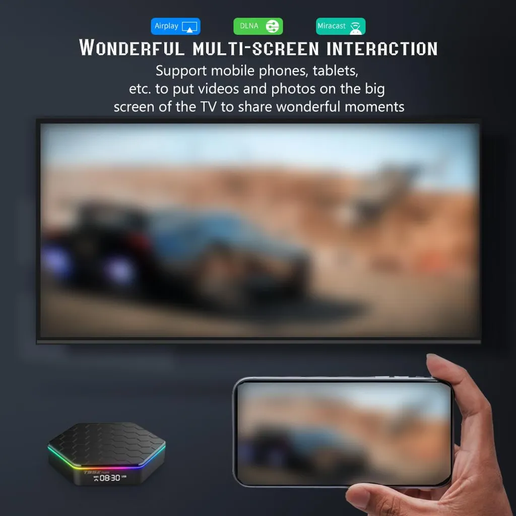 Multi-Screen-Interaktion: Ein Smartphone streamt Inhalte auf einen großen Fernsehbildschirm über eine TV-Box.