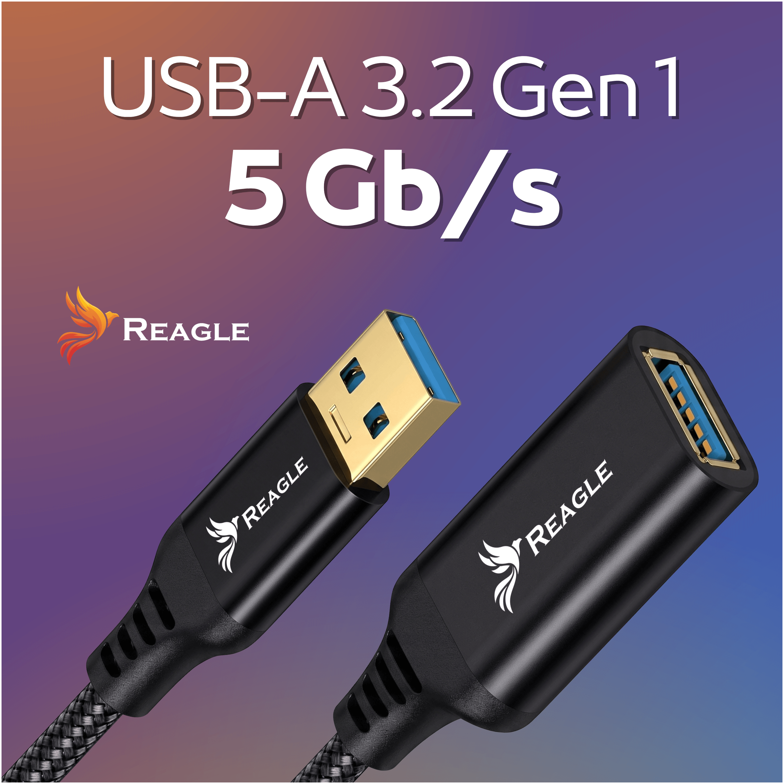 Cavo USB-A 3.2 Gen 1 Reagle con connettori maschio e femmina su sfondo sfumato viola e arancione.
