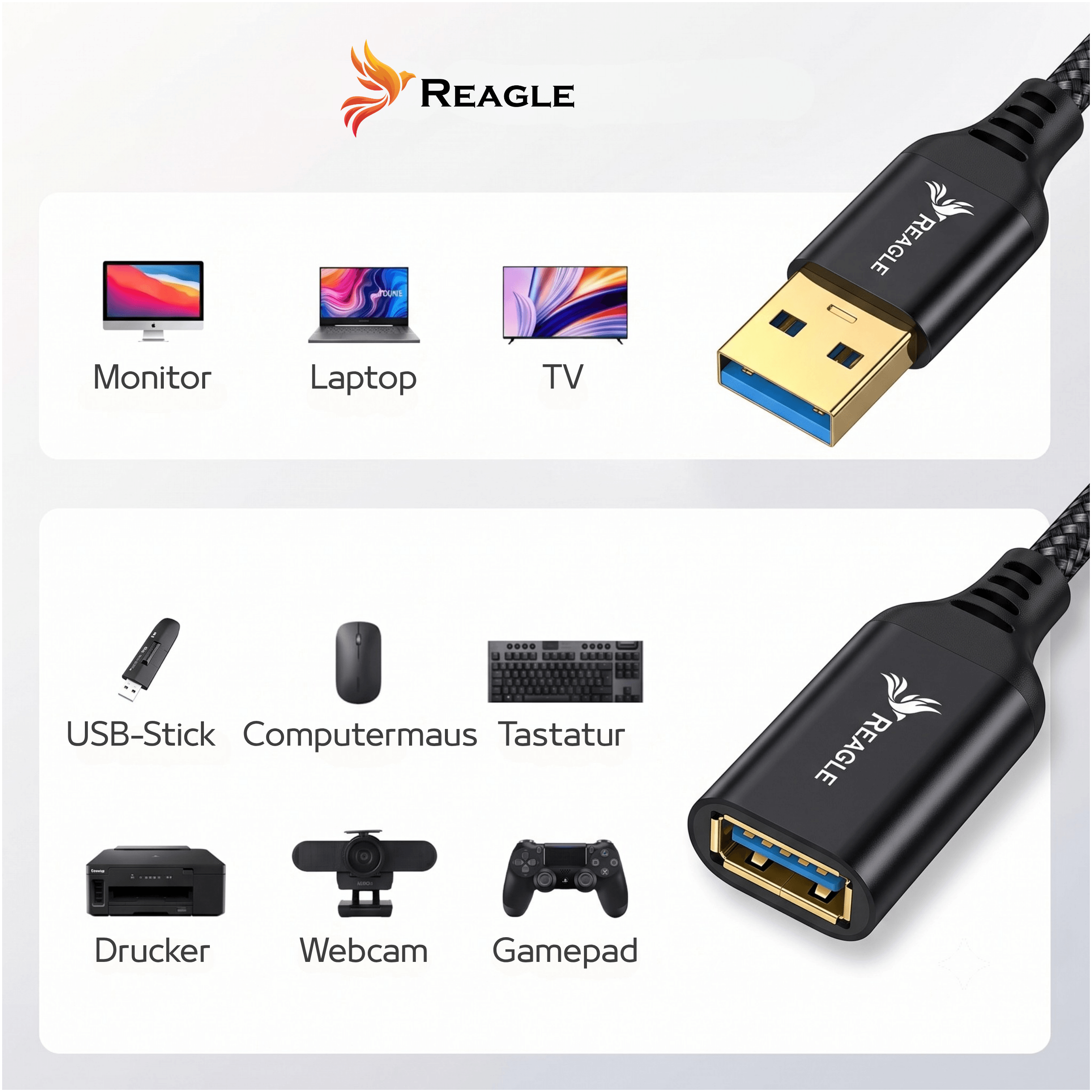 Cavo USB Reagle e dispositivi compatibili come monitor, laptop, TV, chiavetta USB, mouse, tastiera, stampante, webcam e gamepad.