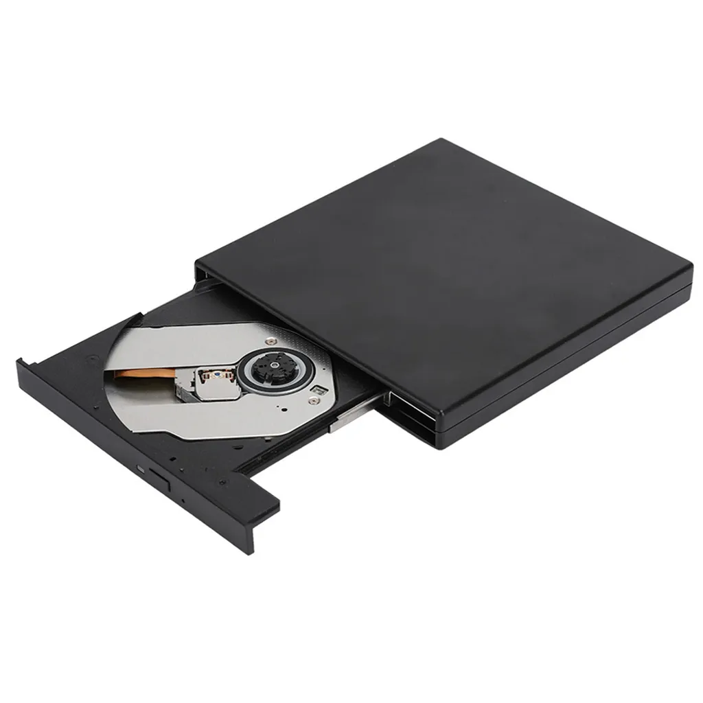 Ein schwarzes externes CD- oder DVD-Laufwerk mit geöffneter Disc-Schublade vor weißem Hintergrund.