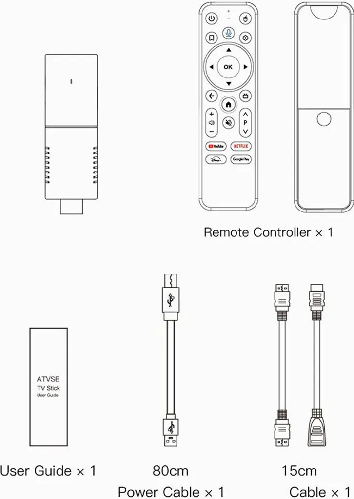 Diagramm zeigt TV-Stick, Fernbedienung, Benutzerhandbuch und zwei Kabel mit Längenangaben.