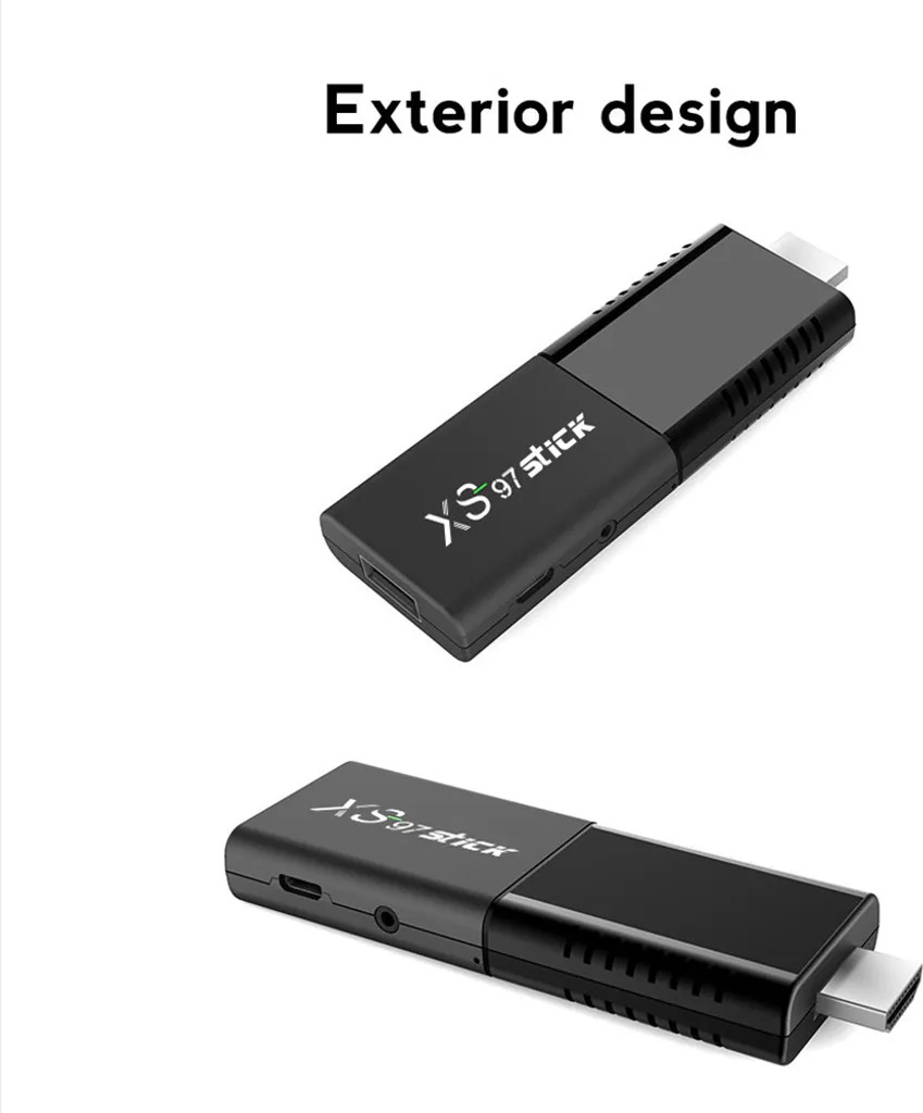 Zwei Ansichten des schwarzen XS97 Stick TV-Sticks mit HDMI-Anschluss und Beschriftung.