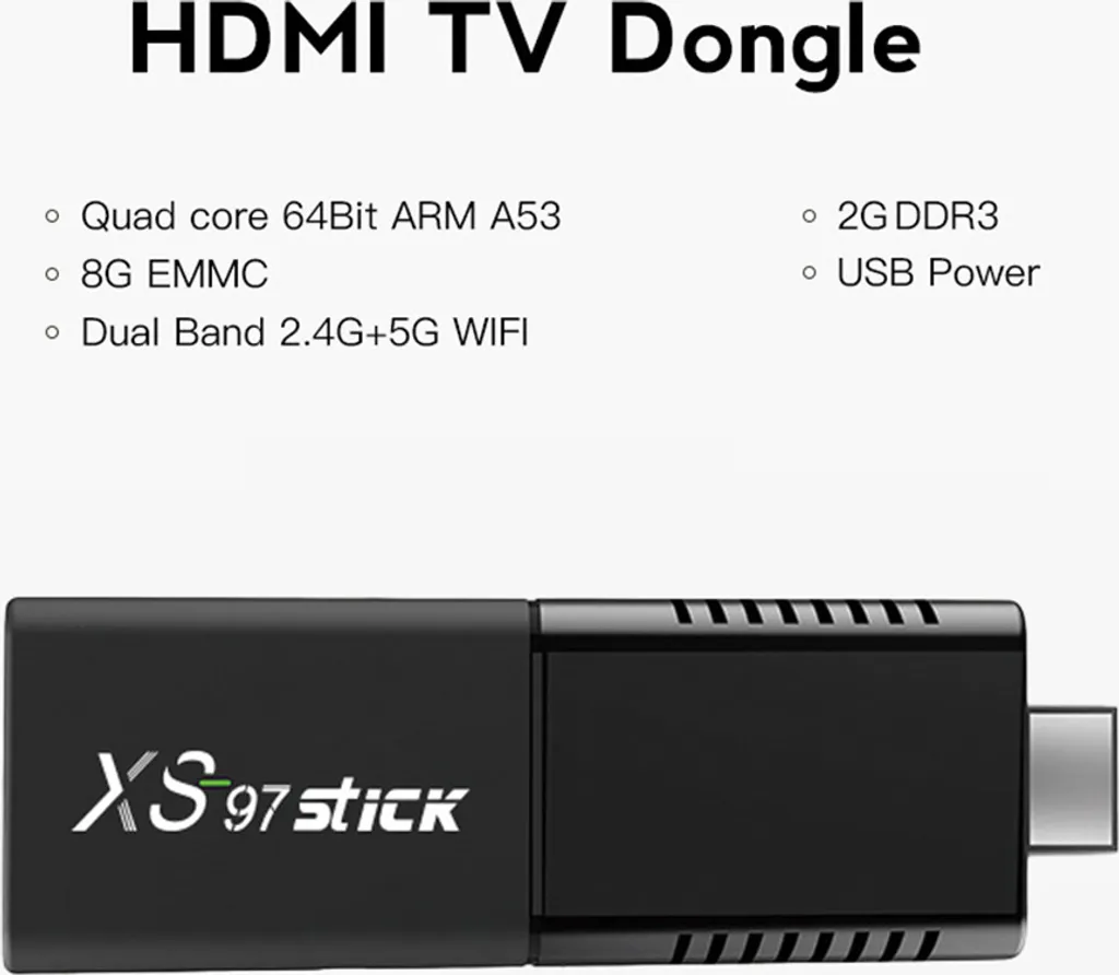 Ein HDMI-TV-Dongle mit technischen Daten wie Quad-Core, 8G EMMC, Dual-Band-WLAN, 2G DDR3 und USB-Strom.