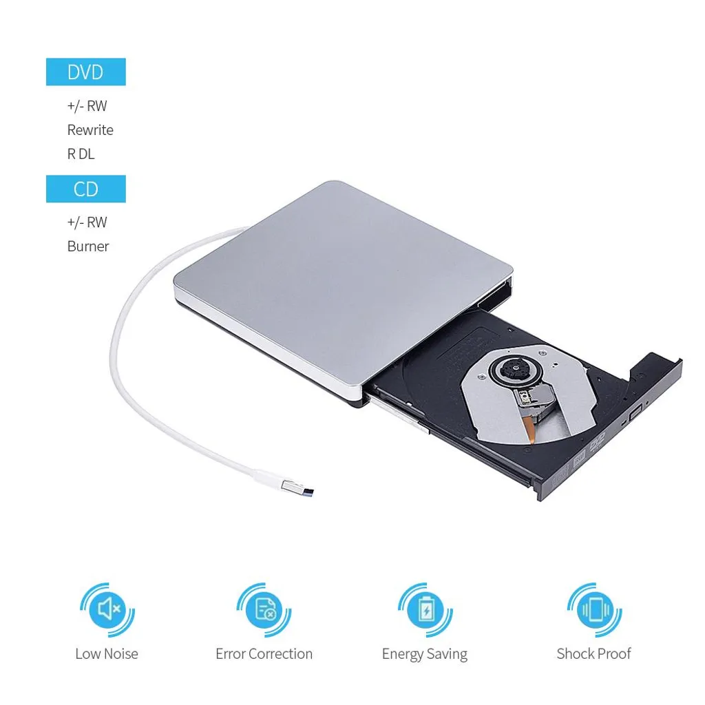 Tragbares externes CD/DVD-Laufwerk mit angeschlossenem USB-Kabel und Icons für leisen Betrieb, Fehlereinheit und Energiesparen.