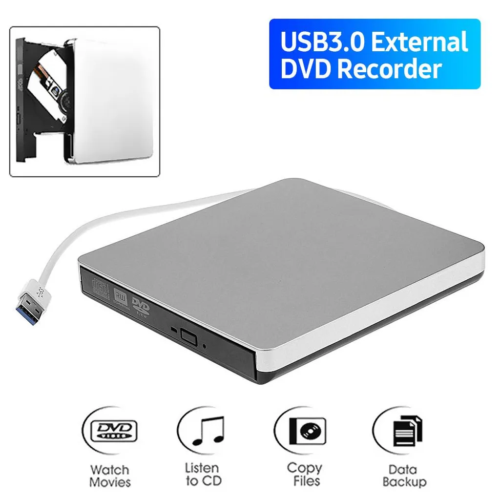 Ein silberner externer USB3.0-DVD-Brenner mit angeschlossenem USB-Kabel.