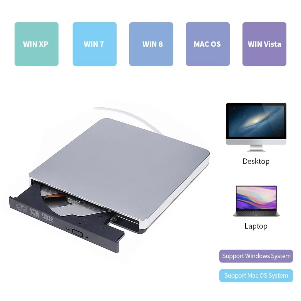 Silbernes externes DVD-Laufwerk mit offenem Fach, umgeben von Betriebssystem-Icons, Desktop und Laptop.