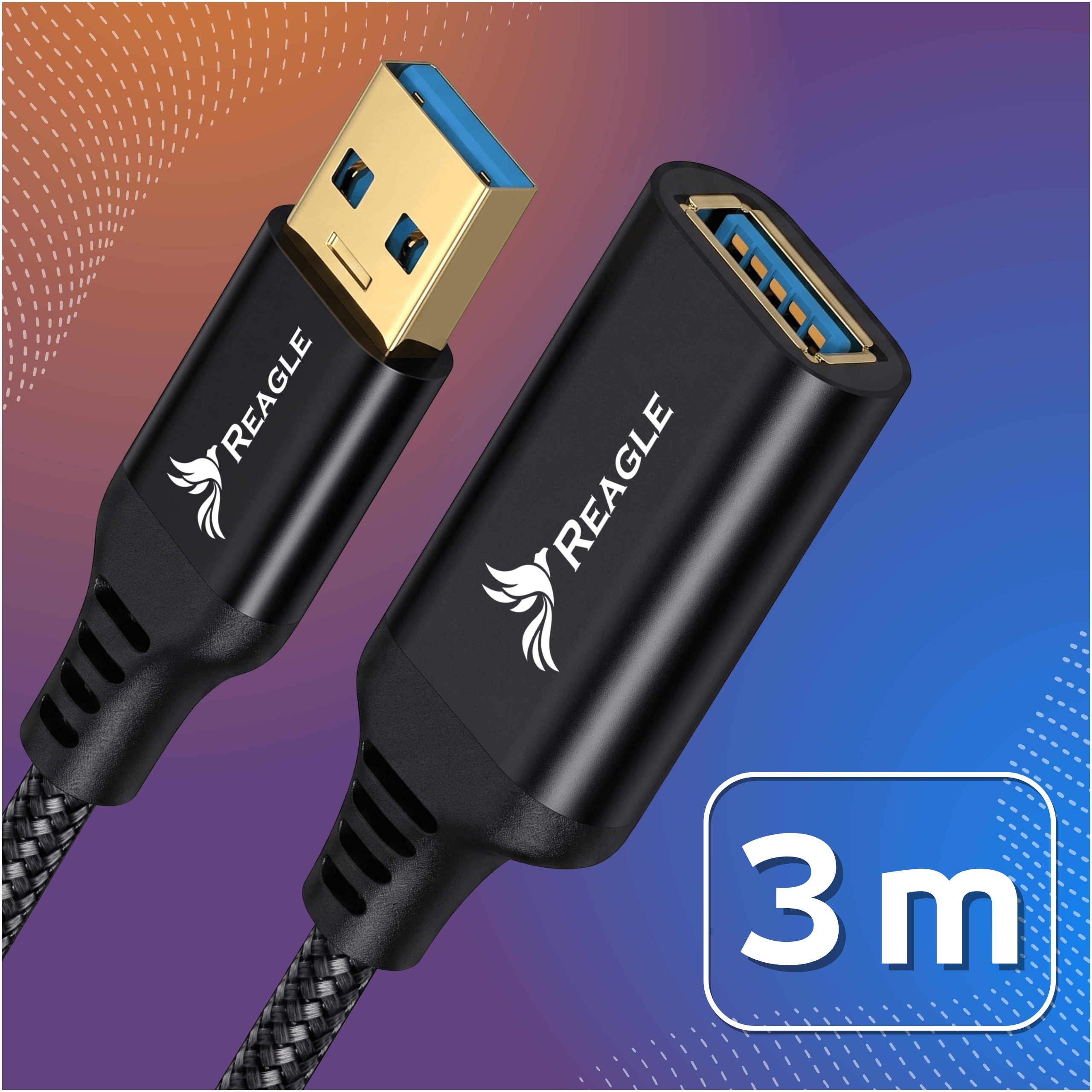Un cavo USB nero Reagle con connettore e porta dorati, etichettato 3 m.