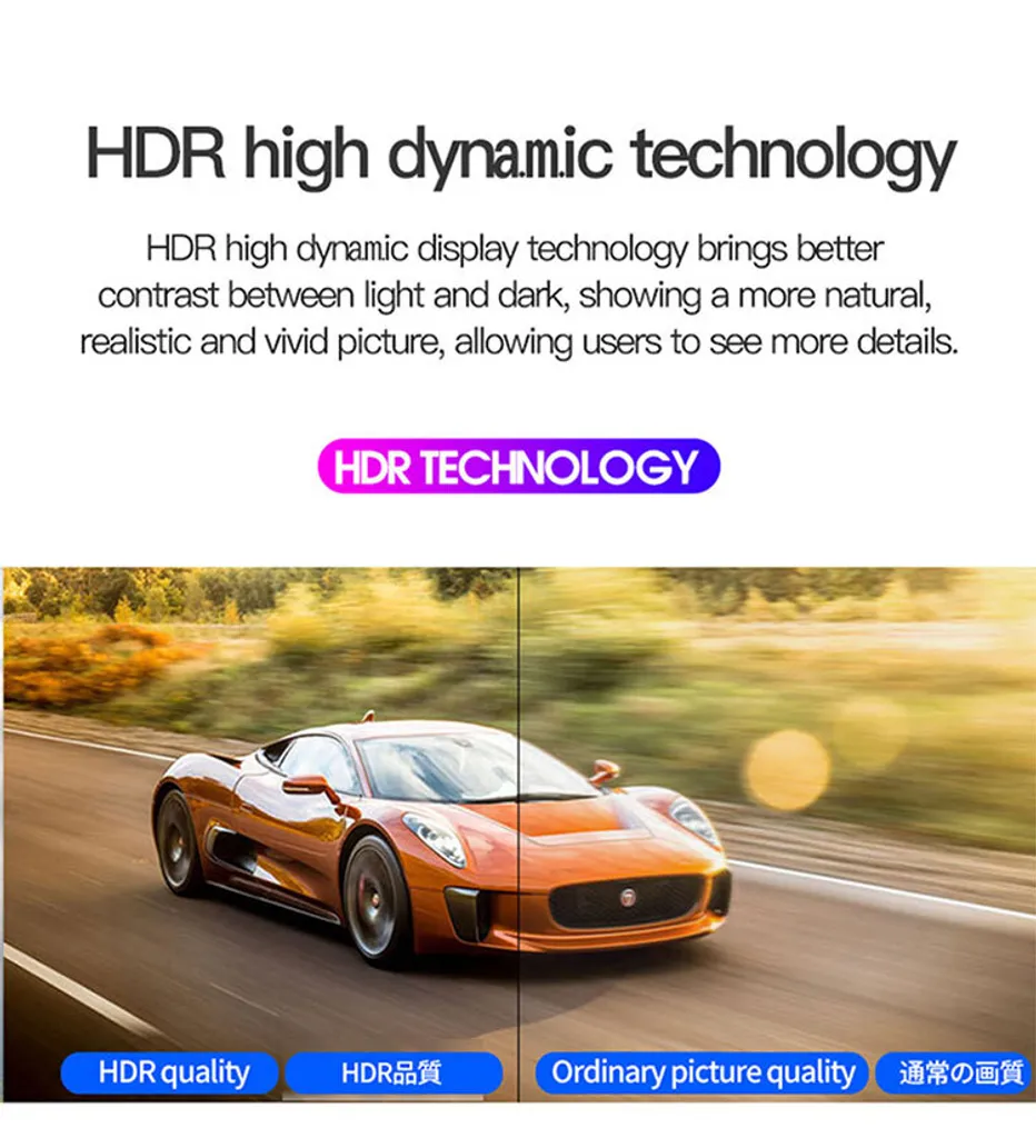Vergleich von HDR- und normaler Bildqualität mit einem Sportwagen auf einer Straße.
