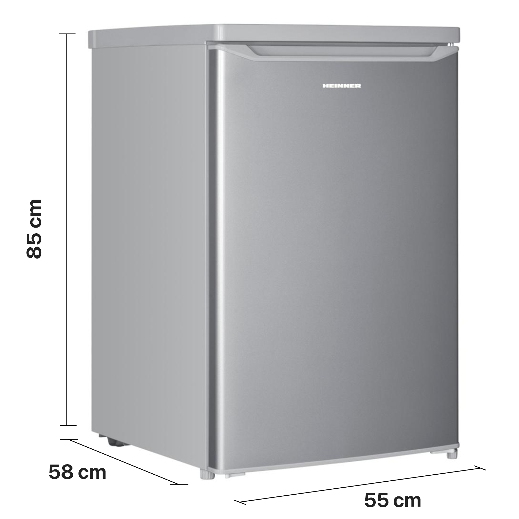 Compact silver refrigerator with dimensions of 85 cm height, 55 cm width, and 58 cm depth against a white background.