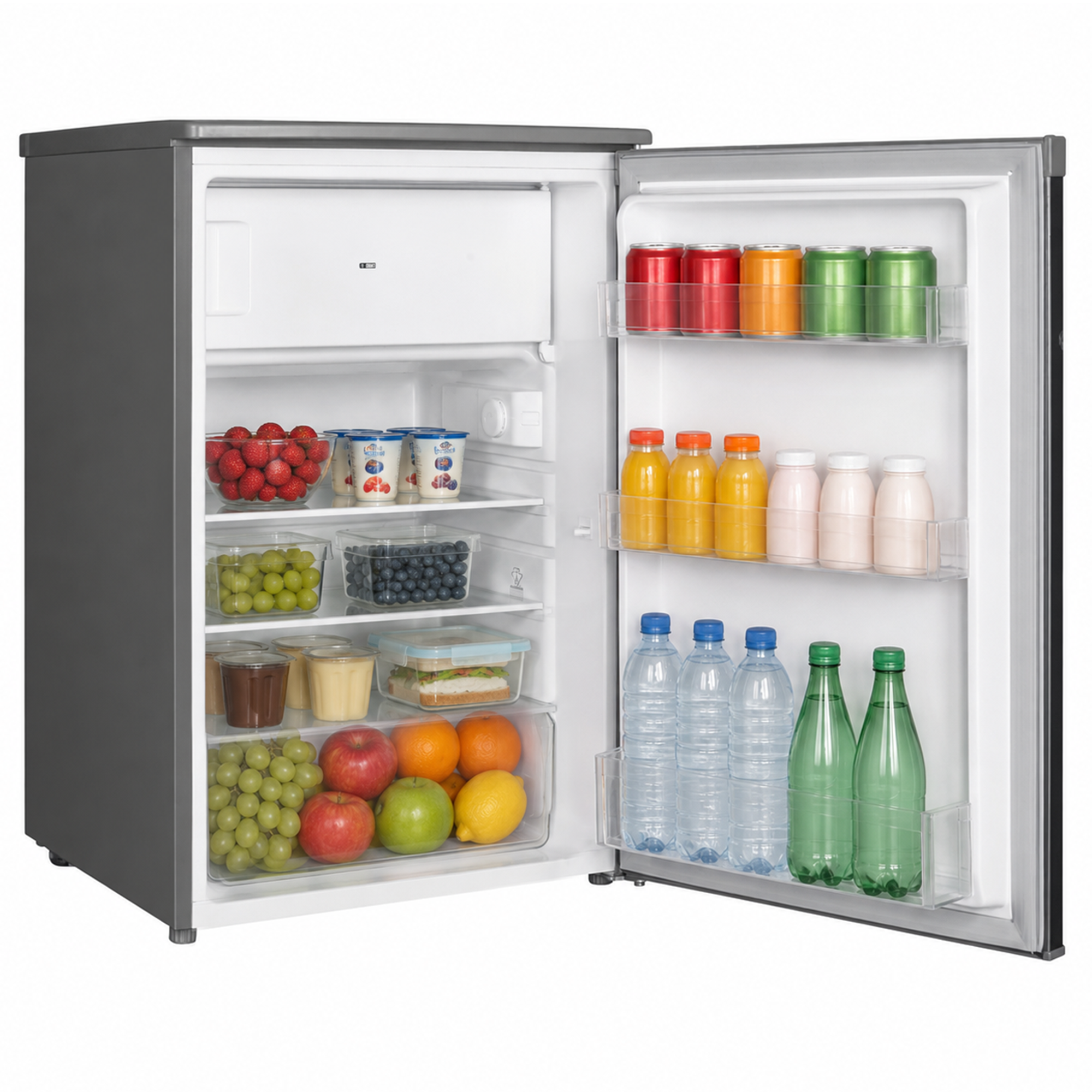 Open small grey refrigerator filled with fresh fruit, yogurt, drinks, and food containers.