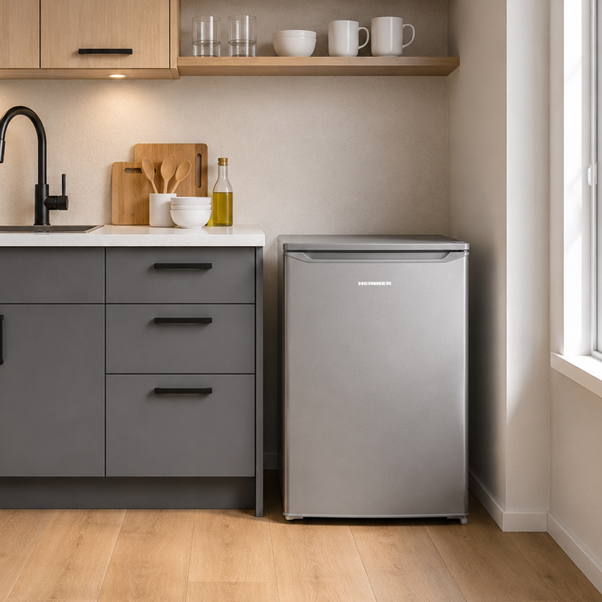 Small silver Heinner refrigerator in a modern kitchen with grey cabinets and wooden shelving.