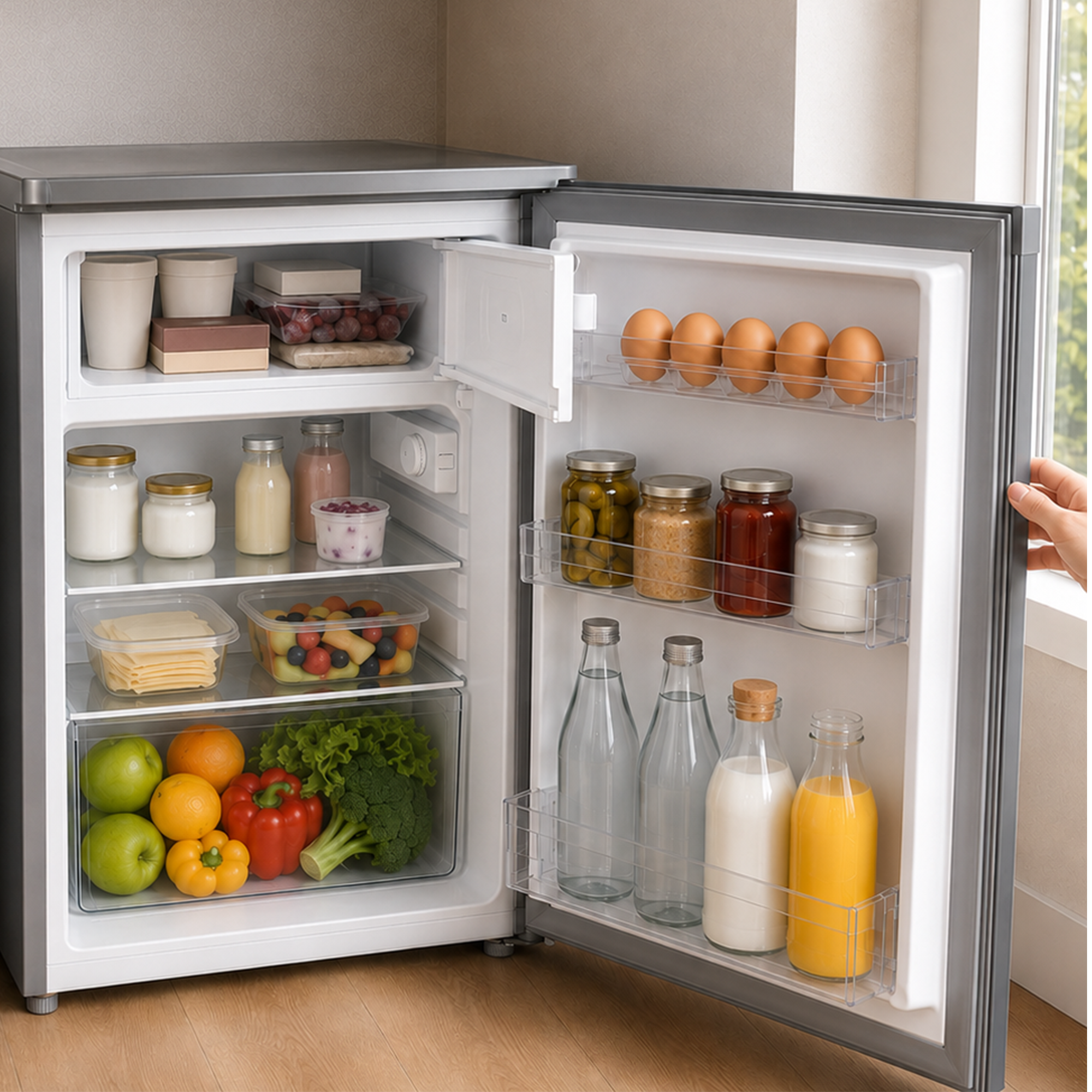 Open small refrigerator stocked with fresh vegetables, fruit, dairy, and eggs.