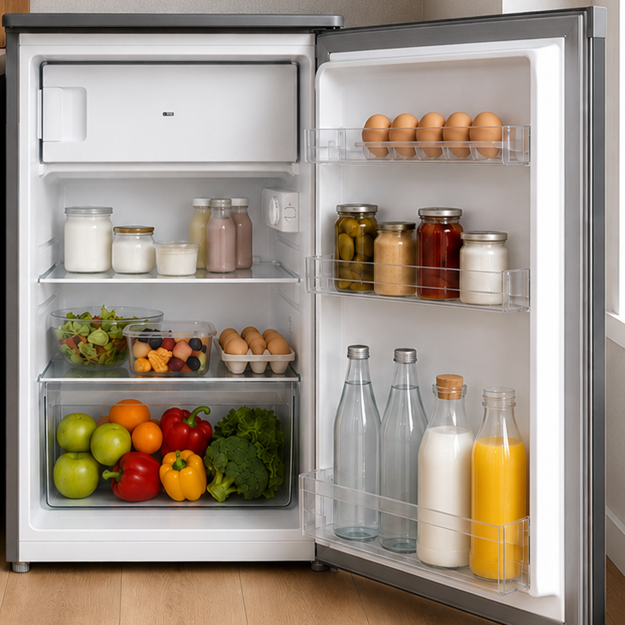 An open refrigerator filled with fresh vegetables, fruit, dairy, and eggs.