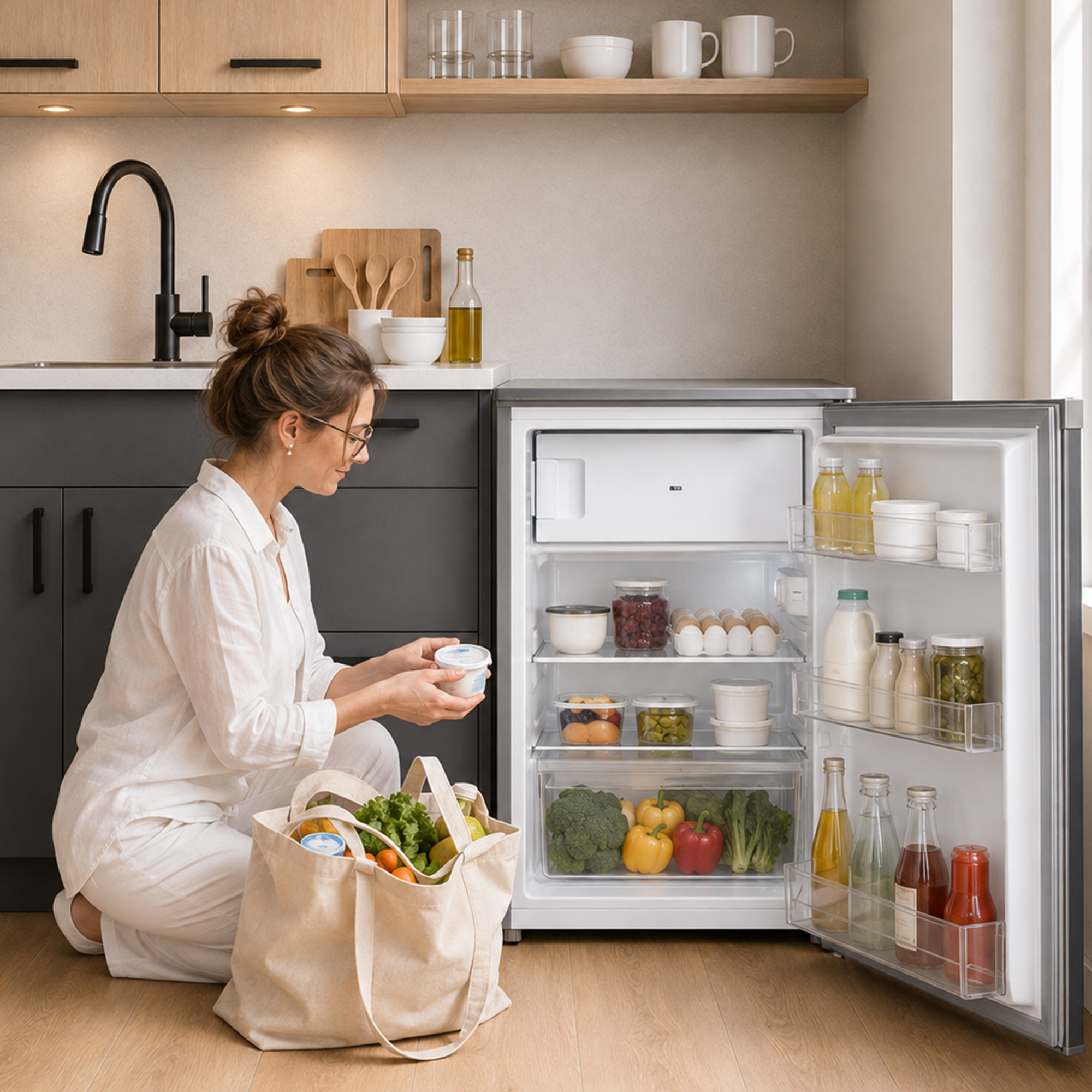 A woman kneels in a kitchen, holding a yogurt container next to an open refrigerator filled with food.