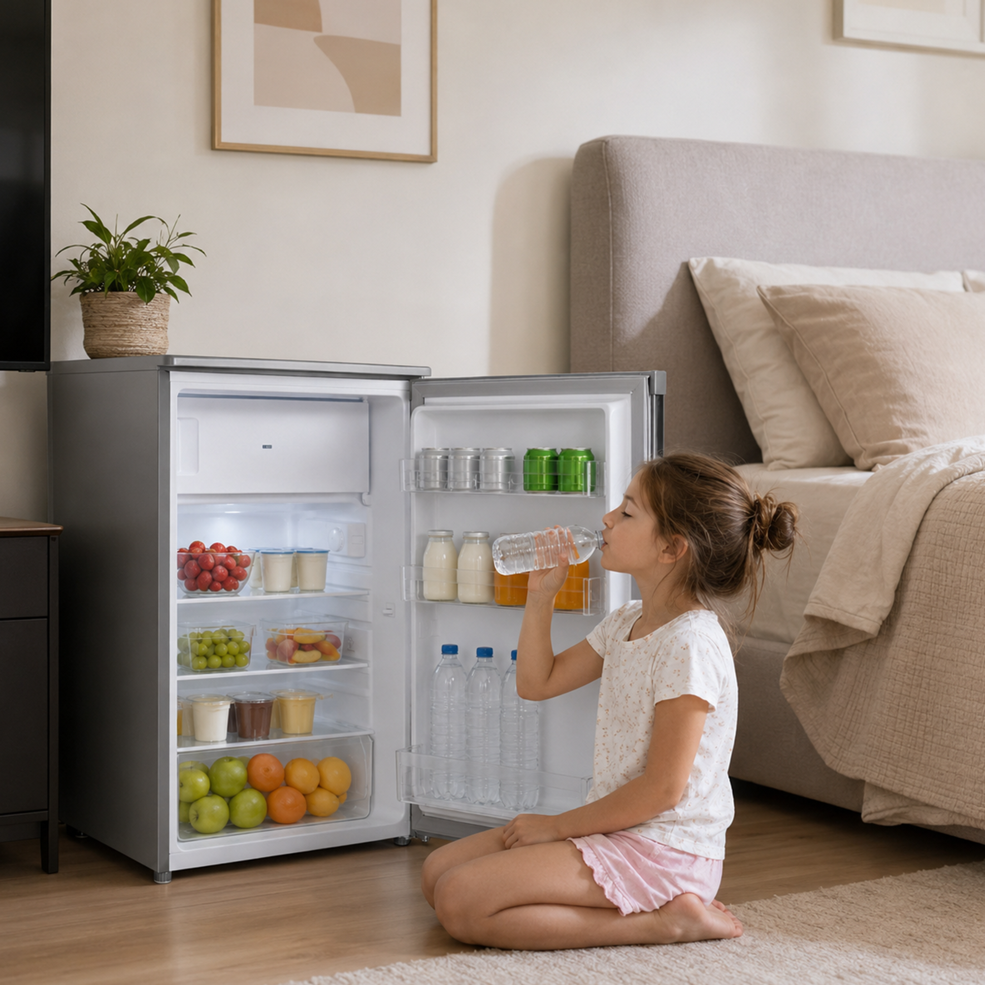 A young girl kneels on the floor, drinking water from a bottle in front of an open mini fridge in a bedroom.