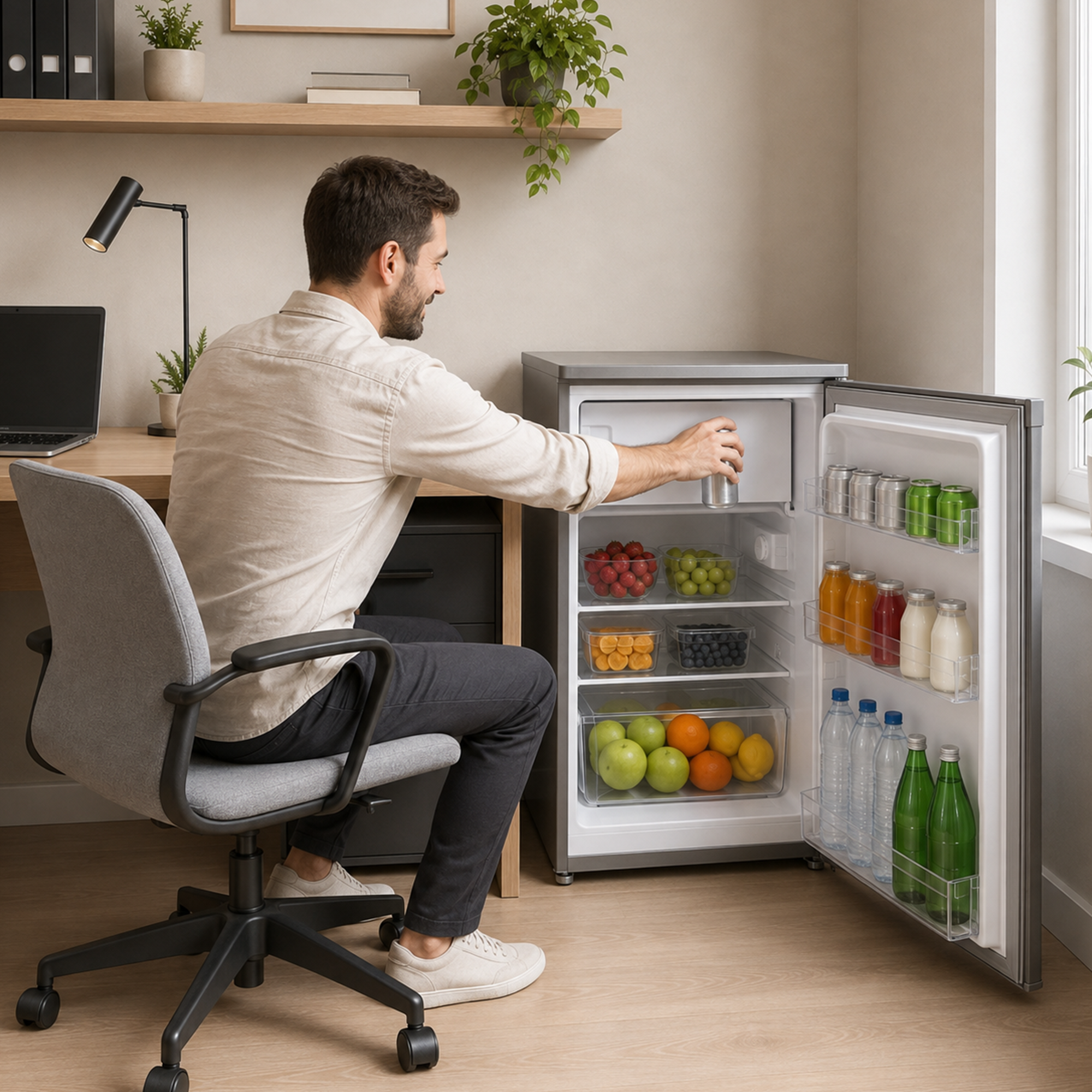 A man sits at a desk and reaches into a small open refrigerator stocked with drinks and fruit.