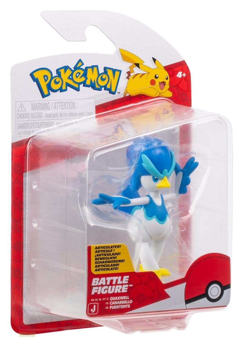 Eine verpackte Quaxwell Pokémon-Kampffigur in einer rot-weißen Schachtel.