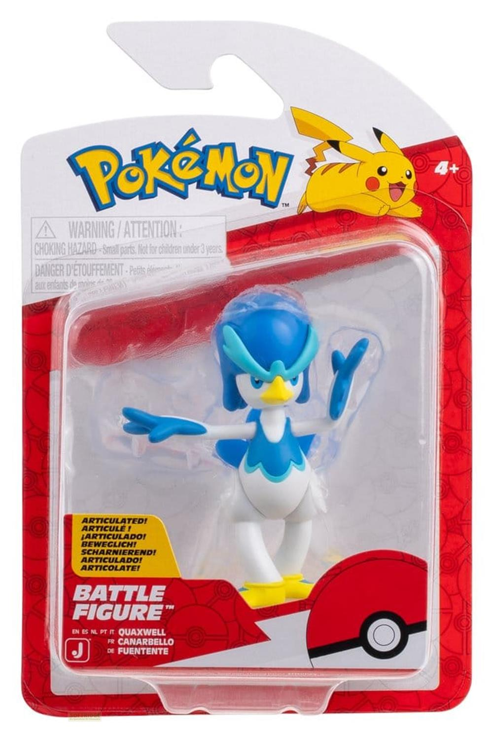 Pokémon Quaxwell Battle Figure in einer rot-weißen Verpackung mit Pikachu-Grafik.