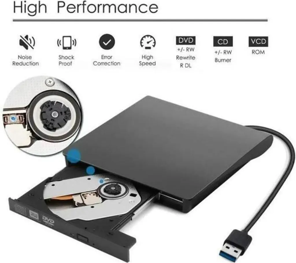 Ein schwarzes externes DVD-Laufwerk mit offenem Fach und USB-Kabel, begleitet von Funktionssymbolen.