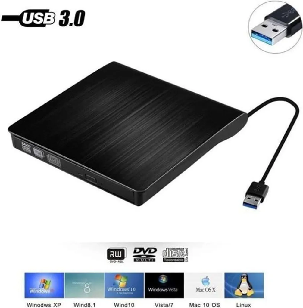 Schwarzes externes USB 3.0 DVD-Laufwerk mit USB-Kabel und OS-Kompatibilitätslogos.
