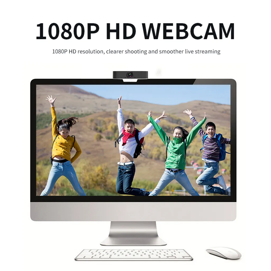 Eine 1080p-HD-Webcam sitzt auf einem Desktop-Computer mit vier springenden Personen auf dem Bildschirm.