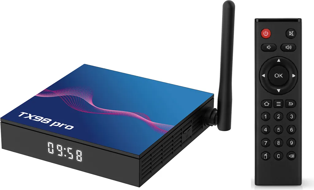 TX98 pro TV-Box mit digitaler Zeitanzeige, Wi-Fi-Antenne und schwarzer Fernbedienung auf weißem Hintergrund.