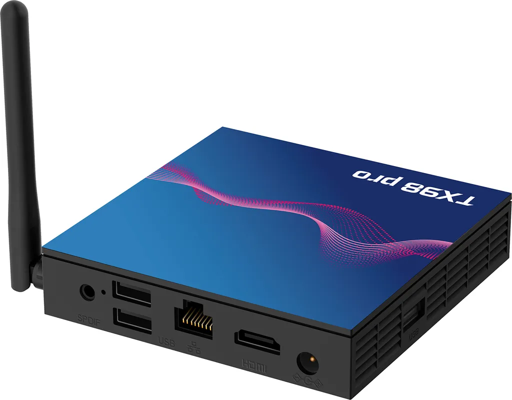 Eine schwarze TV-Box mit blauer Oberfläche, Antenne und Anschlüssen wie USB, Ethernet und HDMI.